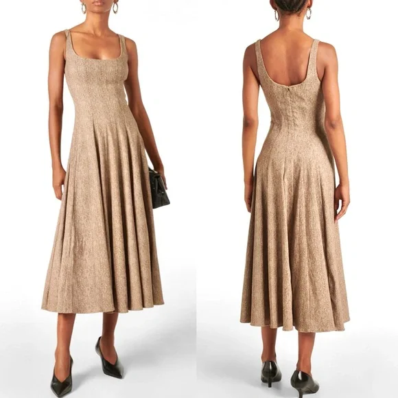 🌺🎉HP🎉🌺 NWT Staud Wells Midi Dress Mocha Herringbone - Picture 4 of 16